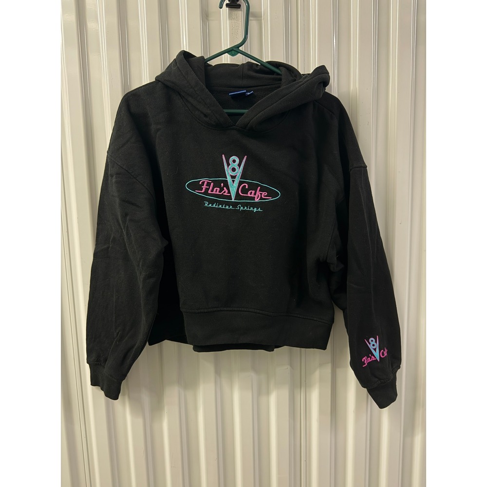 Pixar Flo's V8 Cafe Hoodie Womens Medium Black Excellent Radiator Springs Cars
